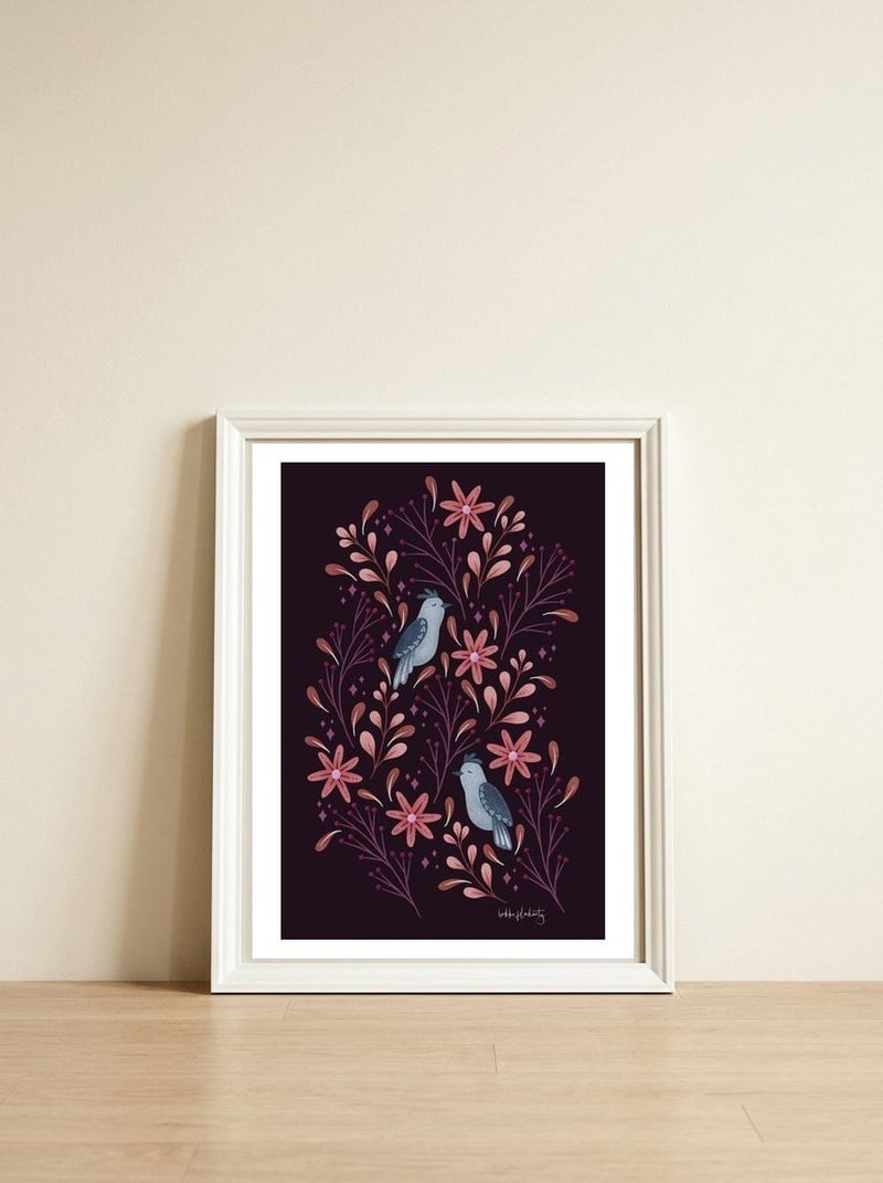 Folk-Art Birds — framed, leaning against the wall