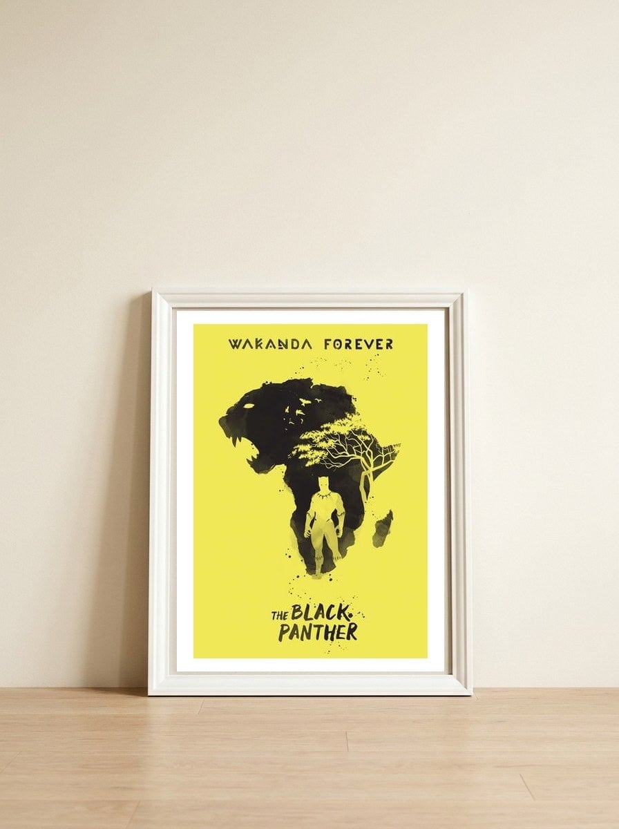 Black Panther movie poster — framed, leaning against the wall