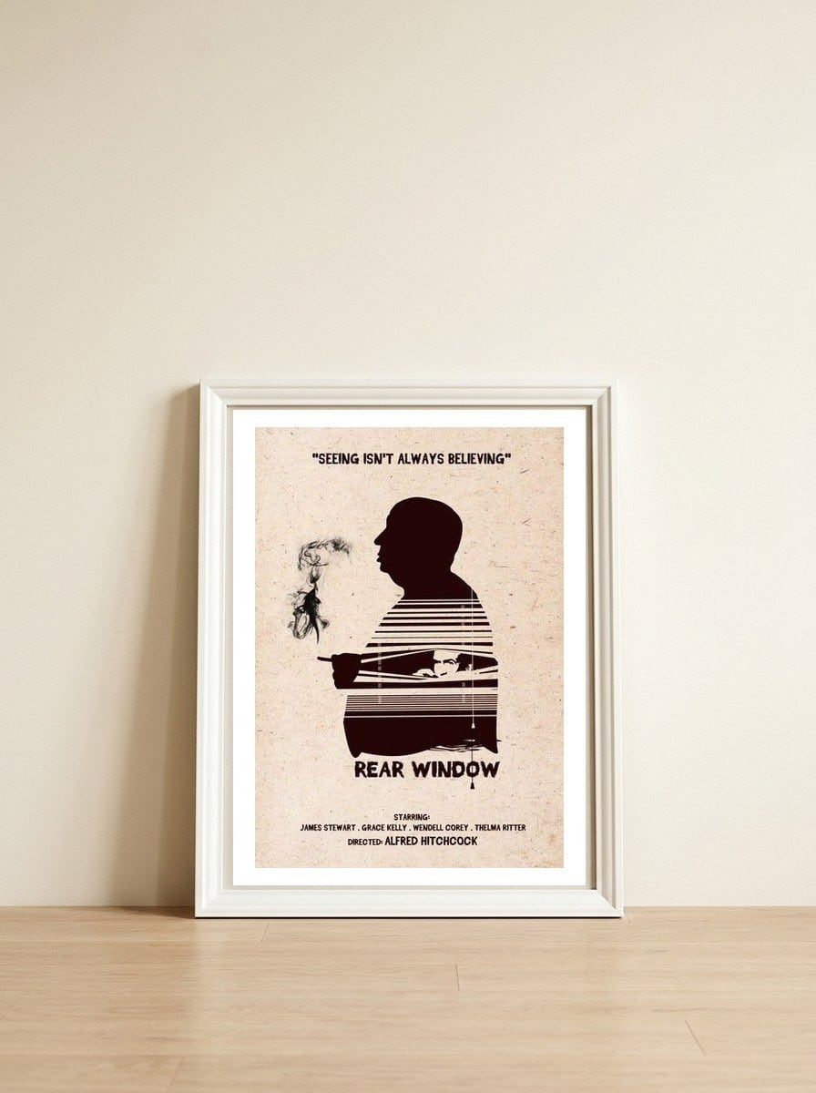 Hitchcock Rear Window movie poster — framed, leaning against the wall
