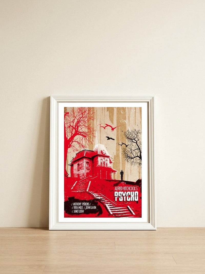 Psycho movie poster — framed, leaning against the wall
