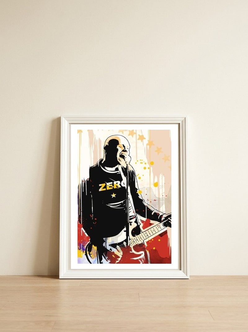 Billy Corgan pop art poster — framed, leaning against the wall