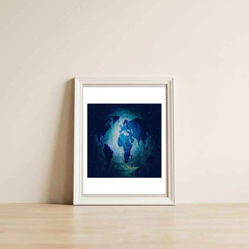 Earth — framed, leaning against the wall