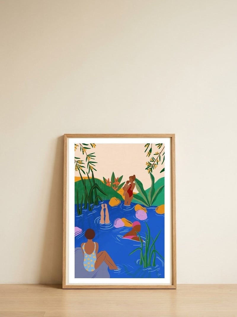 Swimming Wild — framed, leaning against the wall