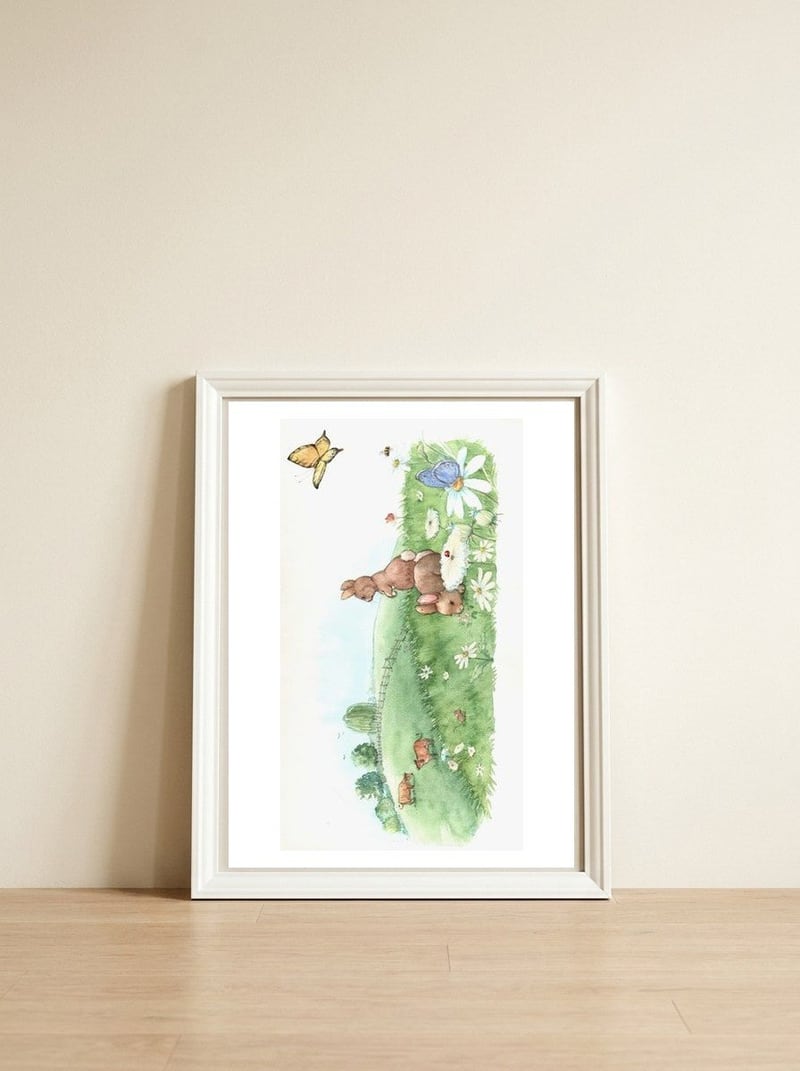 Bunnies In Field — framed, leaning against the wall
