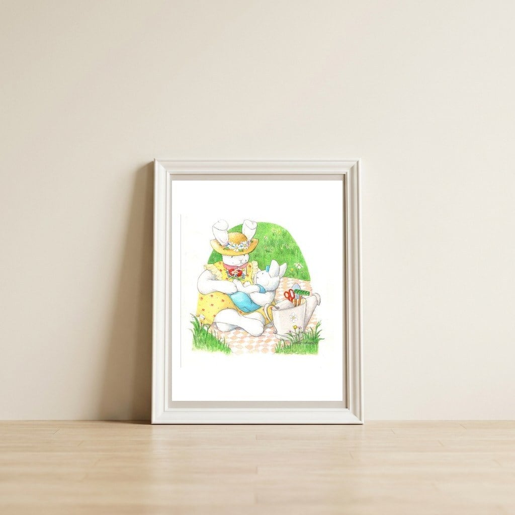 Momma Bunny & Baby — framed, leaning against the wall