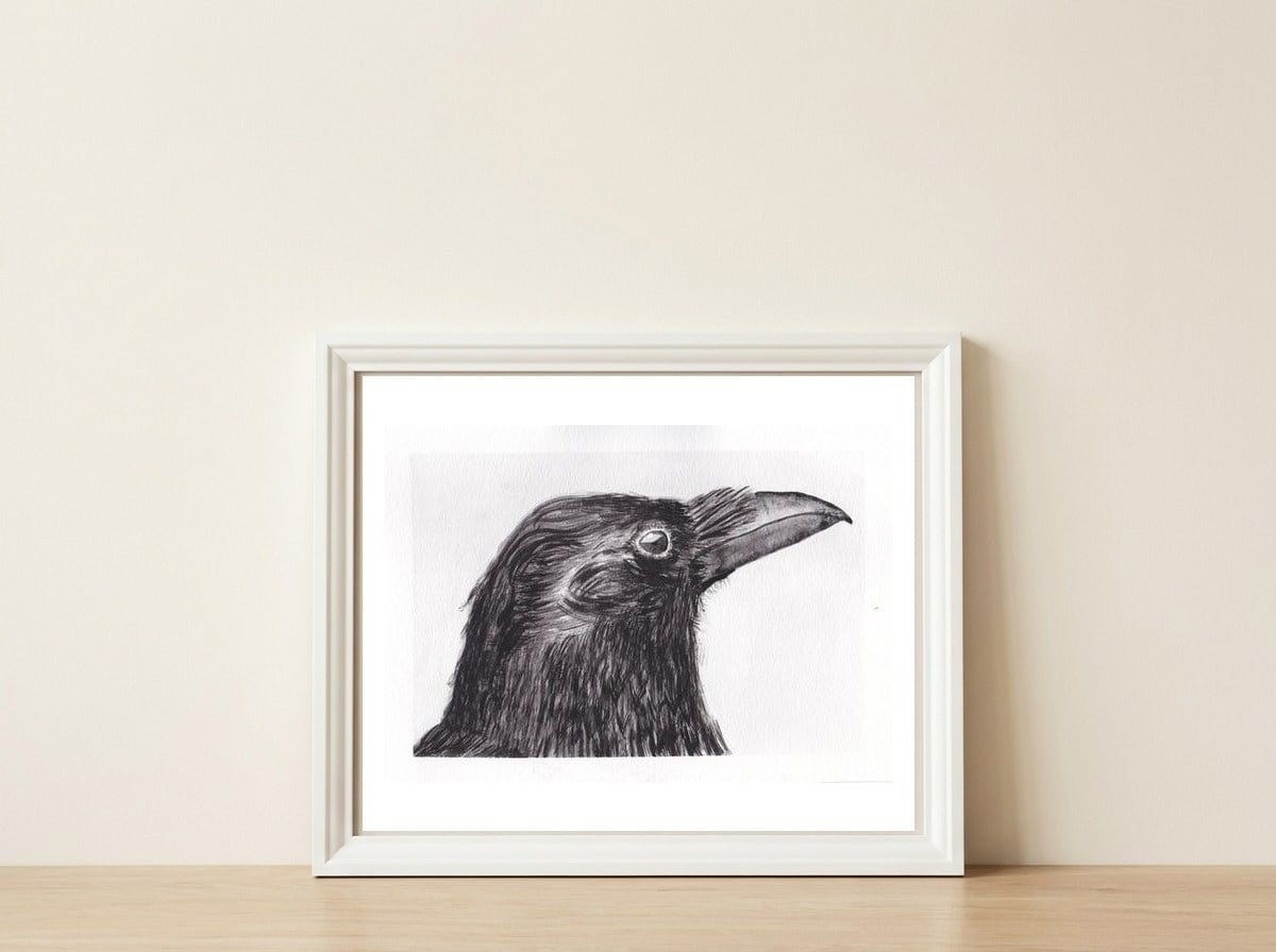 Crow — framed, leaning against the wall