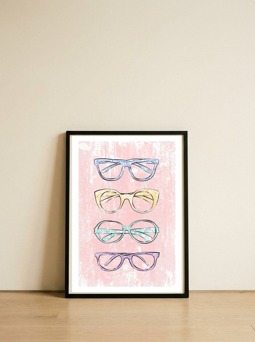 Pink Glasses — framed, leaning against the wall