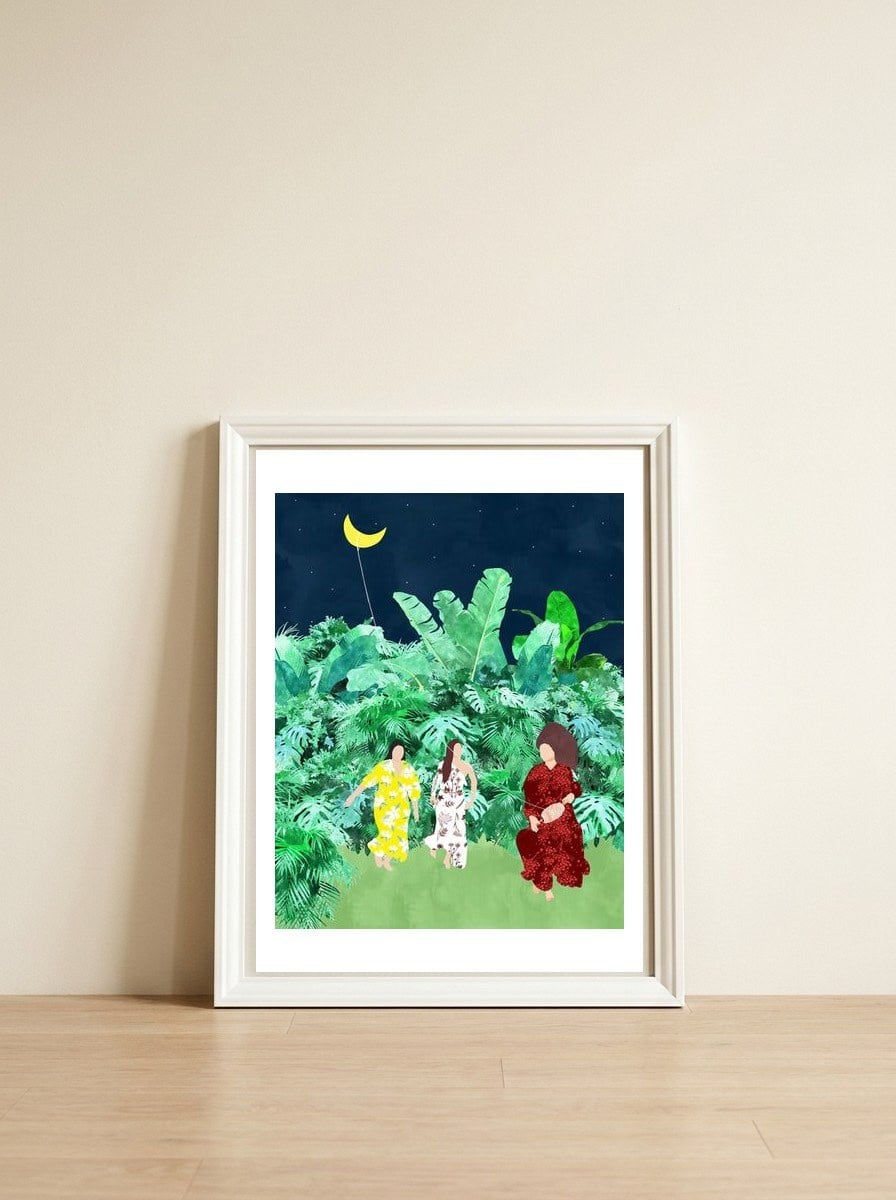 The Moon Kite — framed, leaning against the wall
