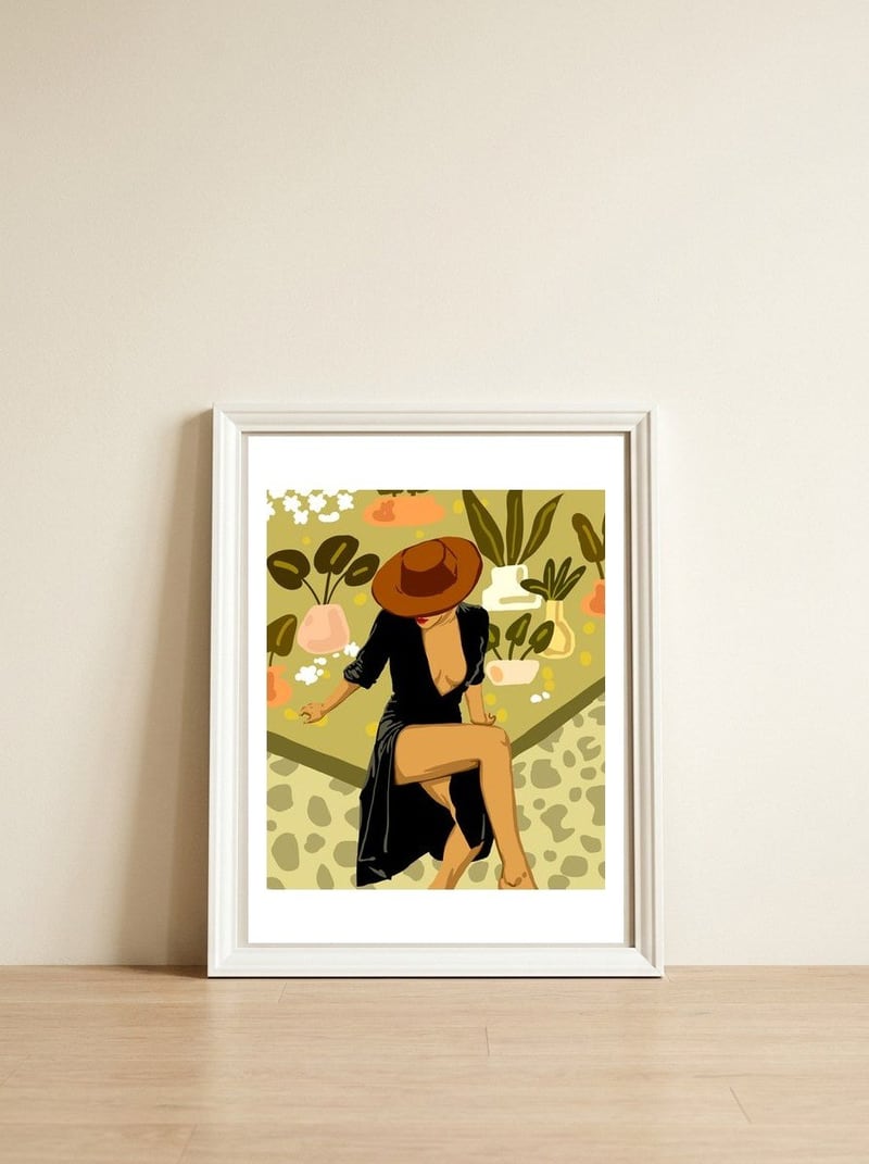 Make it Worth Their While, High Fashion Brown Woman Illustration, Plant Lady Little Black Dress — framed, leaning against the wall