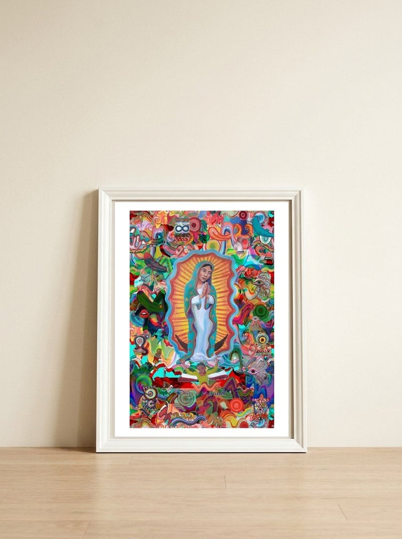 Virgen Y Graffiti 20 — framed, leaning against the wall