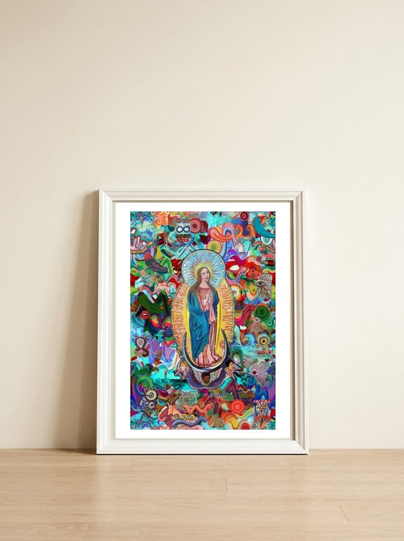 Virgen Y Graffiti 24 — framed, leaning against the wall