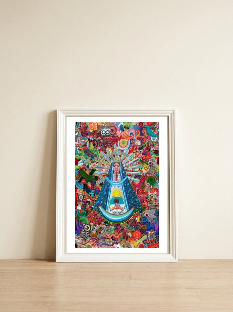 Virgen Y Graffiti 28 — framed, leaning against the wall