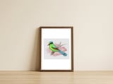   Green magpie pencil drawing — framed, leaning against the wall thumbnail