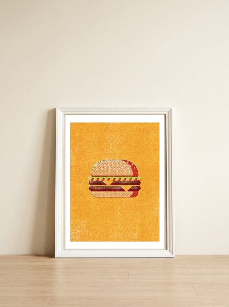 FAST FOOD / Burger — framed, leaning against the wall