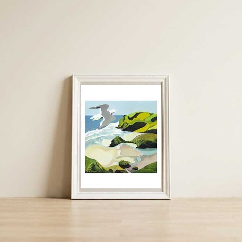 Gull Over Anawhata — framed, leaning against the wall