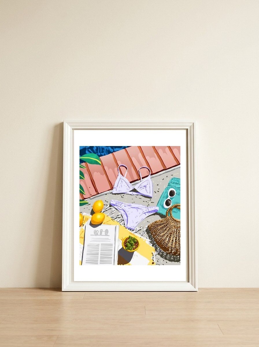 Summer on my mind, Tropical Travel Swimming Pool Fashion Illustration, Eclectic Beachy Summer Bikini — framed, leaning against the wall