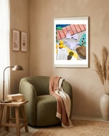 Summer on my mind, Tropical Travel Swimming Pool Fashion Illustration, Eclectic Beachy Summer Bikini framed in a tender room thumbnail
