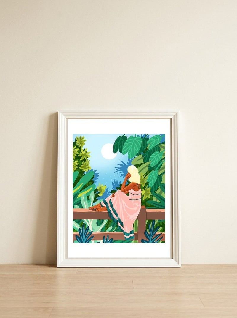 Forest Moon, Bohemian Woman Jungle Nature Tropical Colorful Travel Fashion Illustration — framed, leaning against the wall