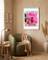 Pink Building Architecture | Pop Art Travel House Painting | Modern Bohemian Décor Spain Palace framed in a tender room thumbnail