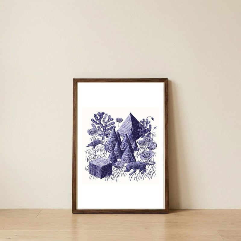 Inner landscape 2 (blue) — framed, leaning against the wall