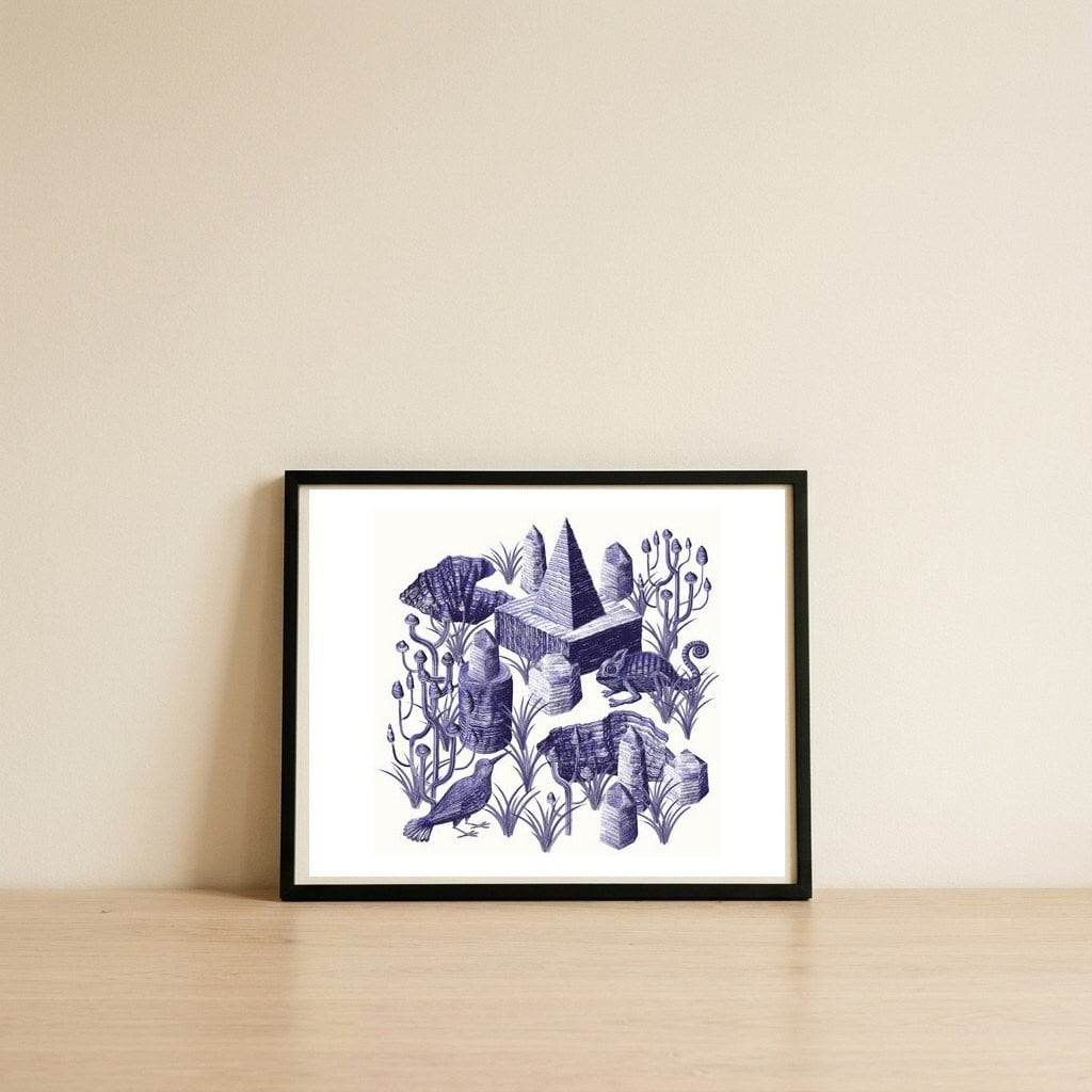 Inner landscape 3 (blue) — framed, leaning against the wall