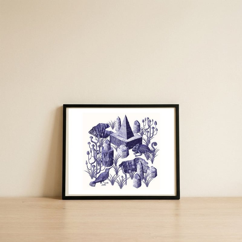 Inner landscape 3 (blue) — framed, leaning against the wall