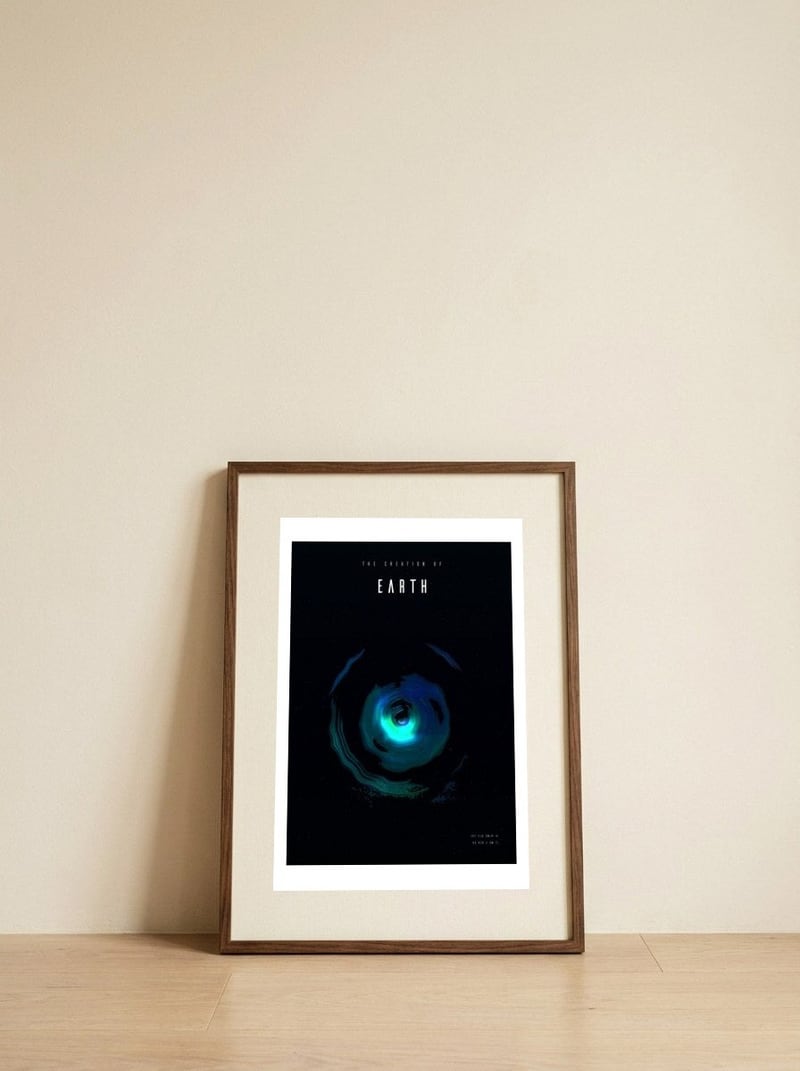 The Creation of Earth — framed, leaning against the wall