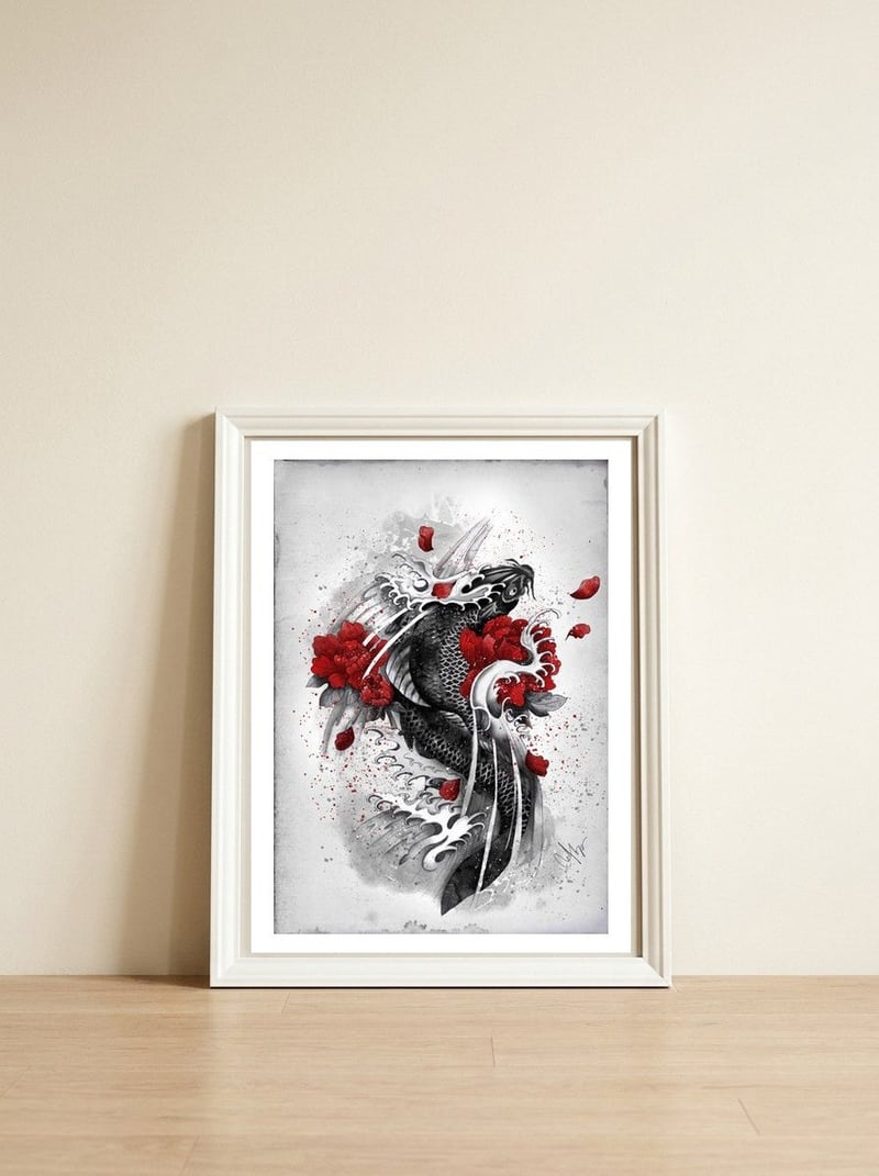 Black Koi — framed, leaning against the wall