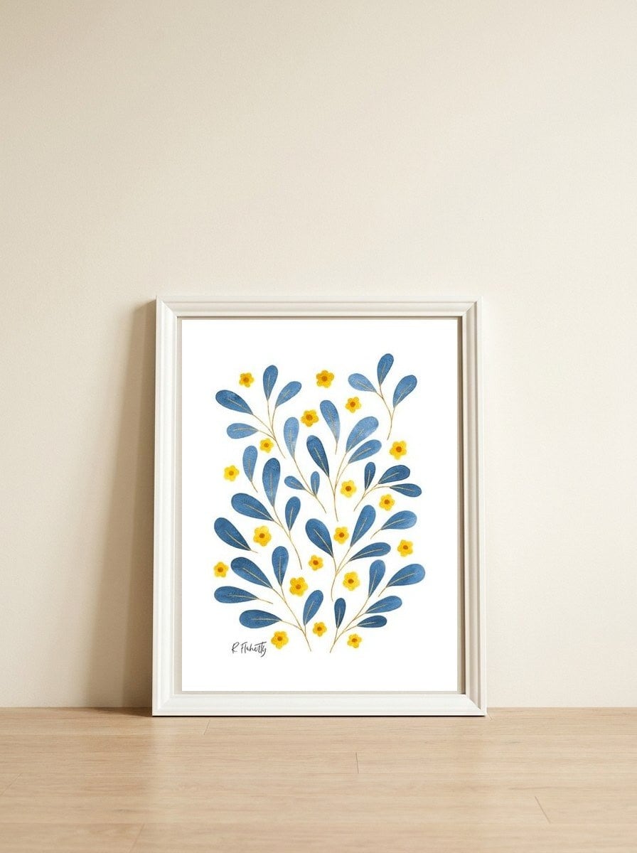 Springtime Floral | Blue and Yellow — framed, leaning against the wall