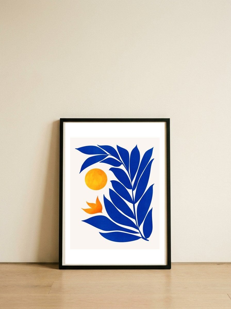 Indigo Garden Sunset — framed, leaning against the wall