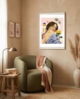 I Travel, I Become | Morocco Architecture Illustration, Bohemian Woman Tropical Sunflower Boho Palm  framed in a tender room thumbnail