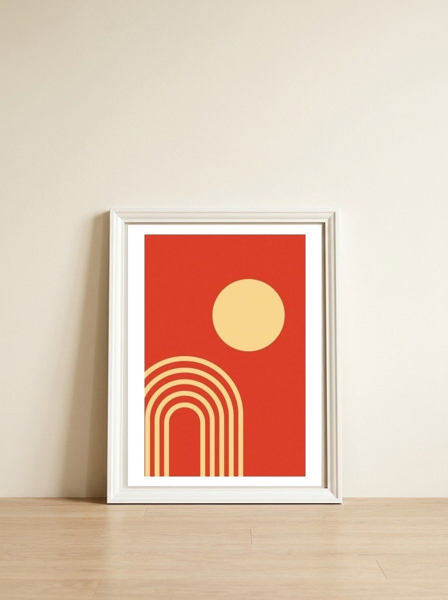 Mid Century Sun and Rainbow Lines — framed, leaning against the wall