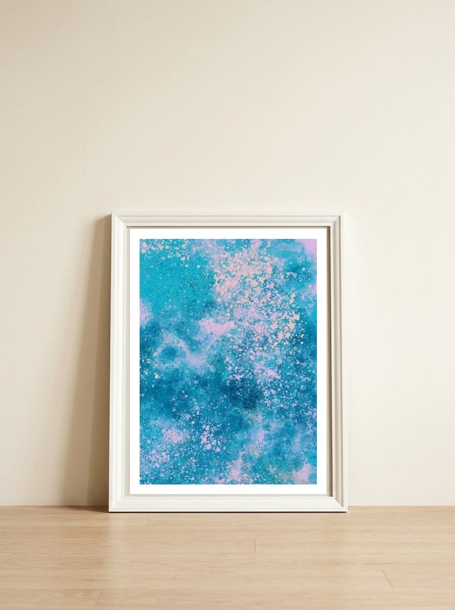 Abstract Watercolor Pink Blue — framed, leaning against the wall