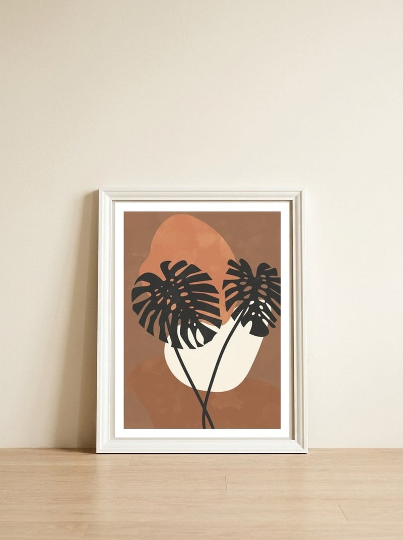 Boho Earth Tones Monstera — framed, leaning against the wall