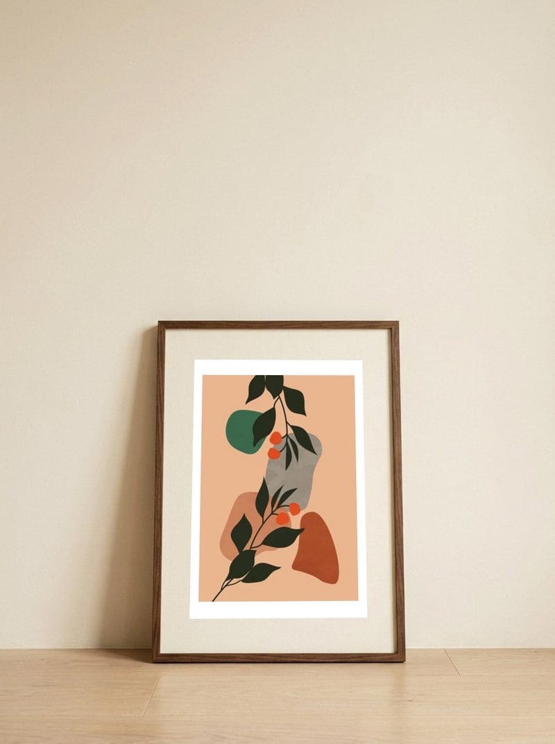 Red Cherry Leaf Boho Botanical — framed, leaning against the wall