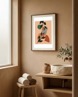 Red Cherry Leaf Boho Botanical framed in a serene room thumbnail
