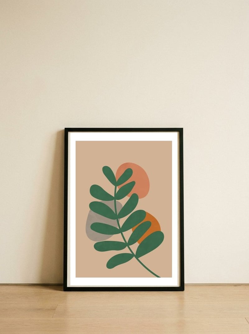 Tropical Leaf Earthy Tones — framed, leaning against the wall