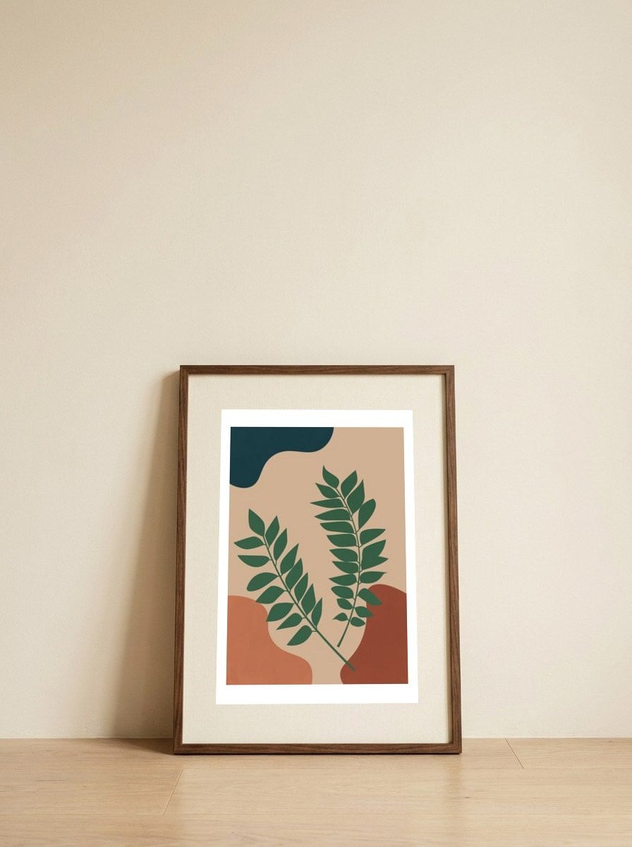 Two Tropical Leaves Abstract Boho — framed, leaning against the wall