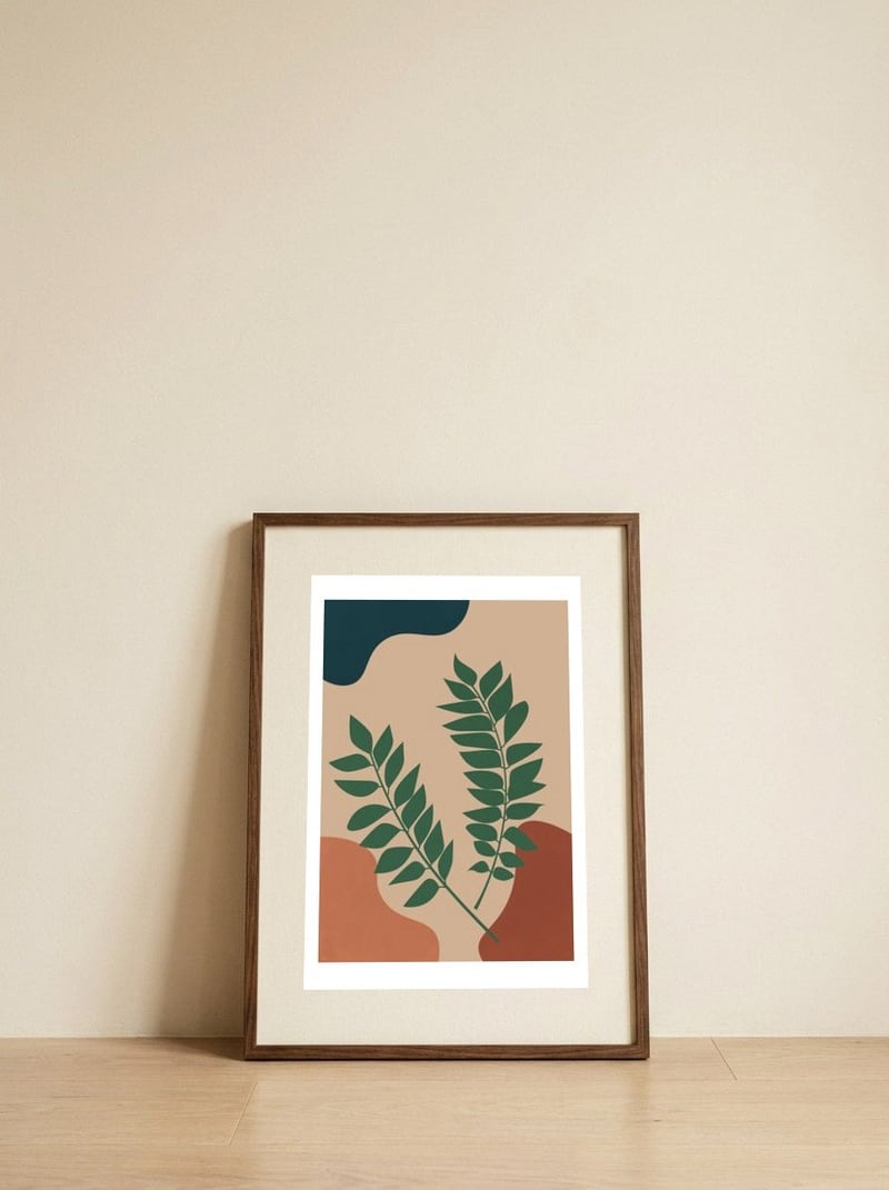 Two Tropical Leaves Abstract Boho — framed, leaning against the wall