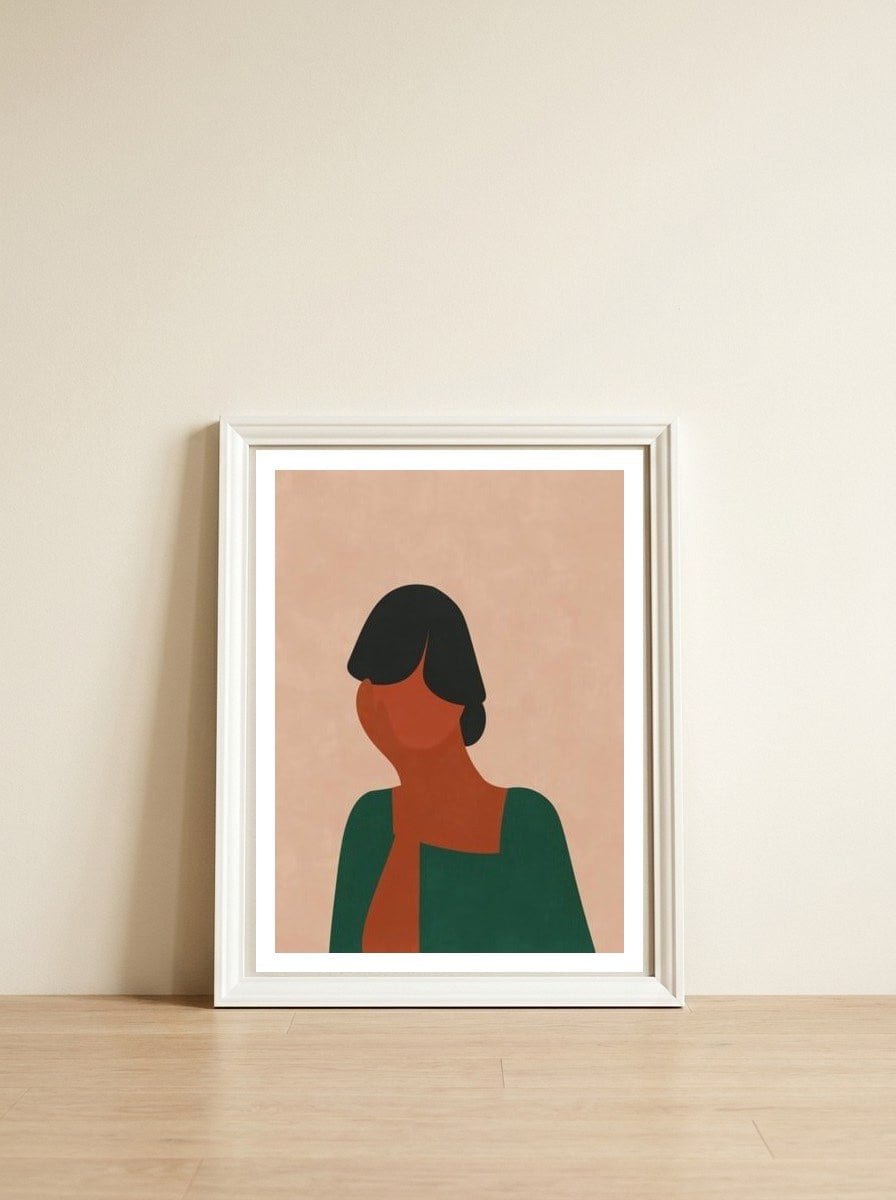 Woman Thinking — framed, leaning against the wall