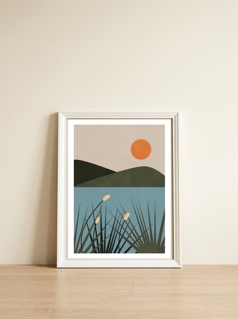 Mountain Lake Sun Boho — framed, leaning against the wall