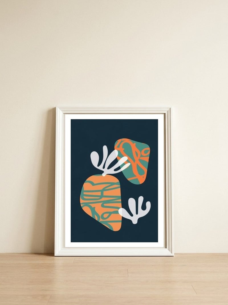 Retro Botanical Abstract Geometric Art — framed, leaning against the wall