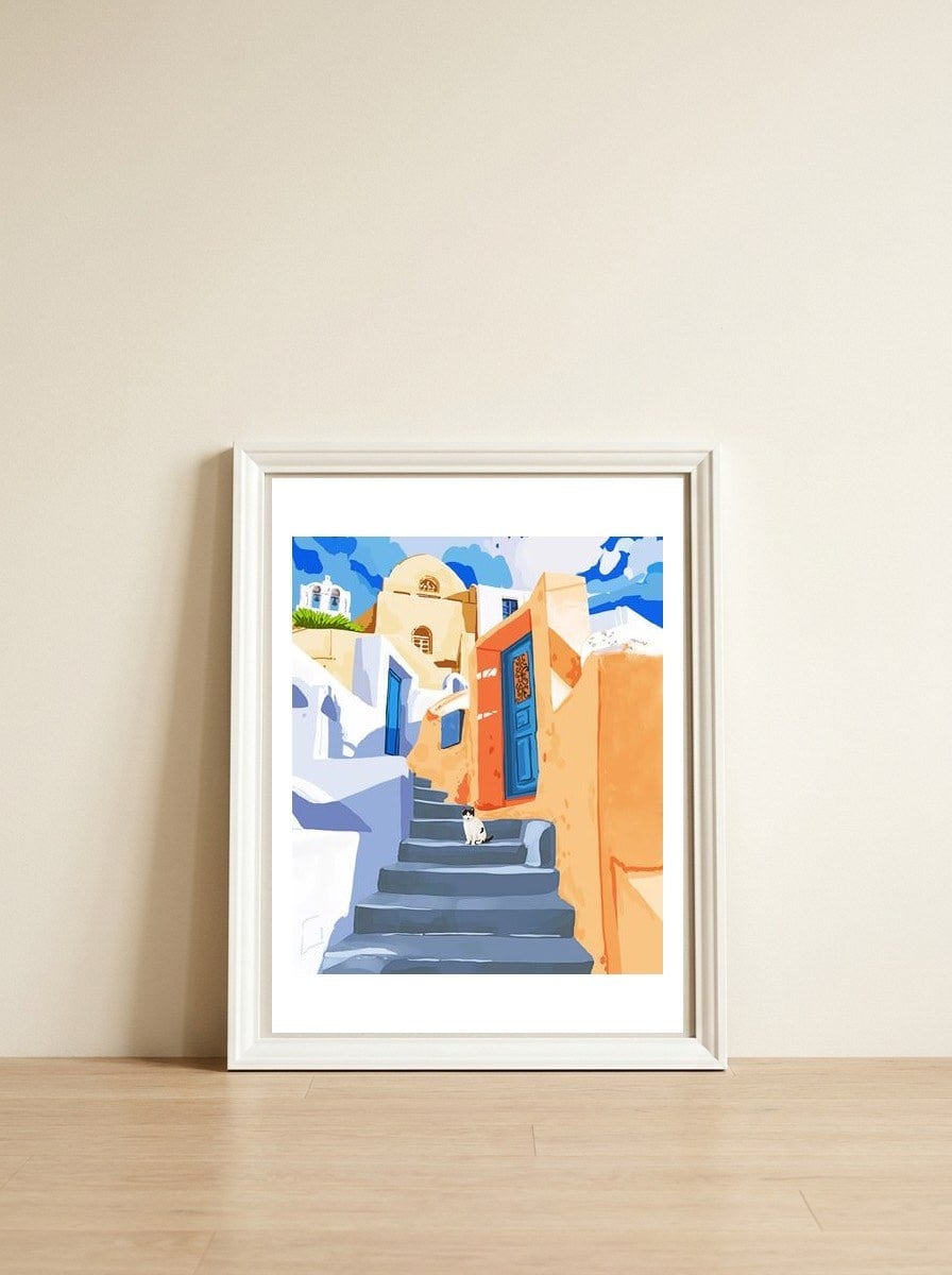 Cat in Greece, Architecture Tropical Exotic Travel — framed, leaning against the wall