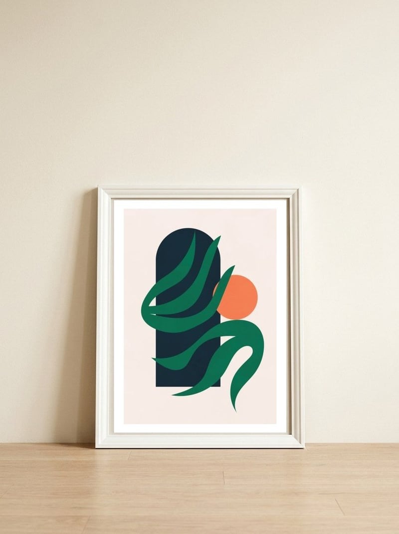 Mid Century Modern Botanical Geometric Art — framed, leaning against the wall