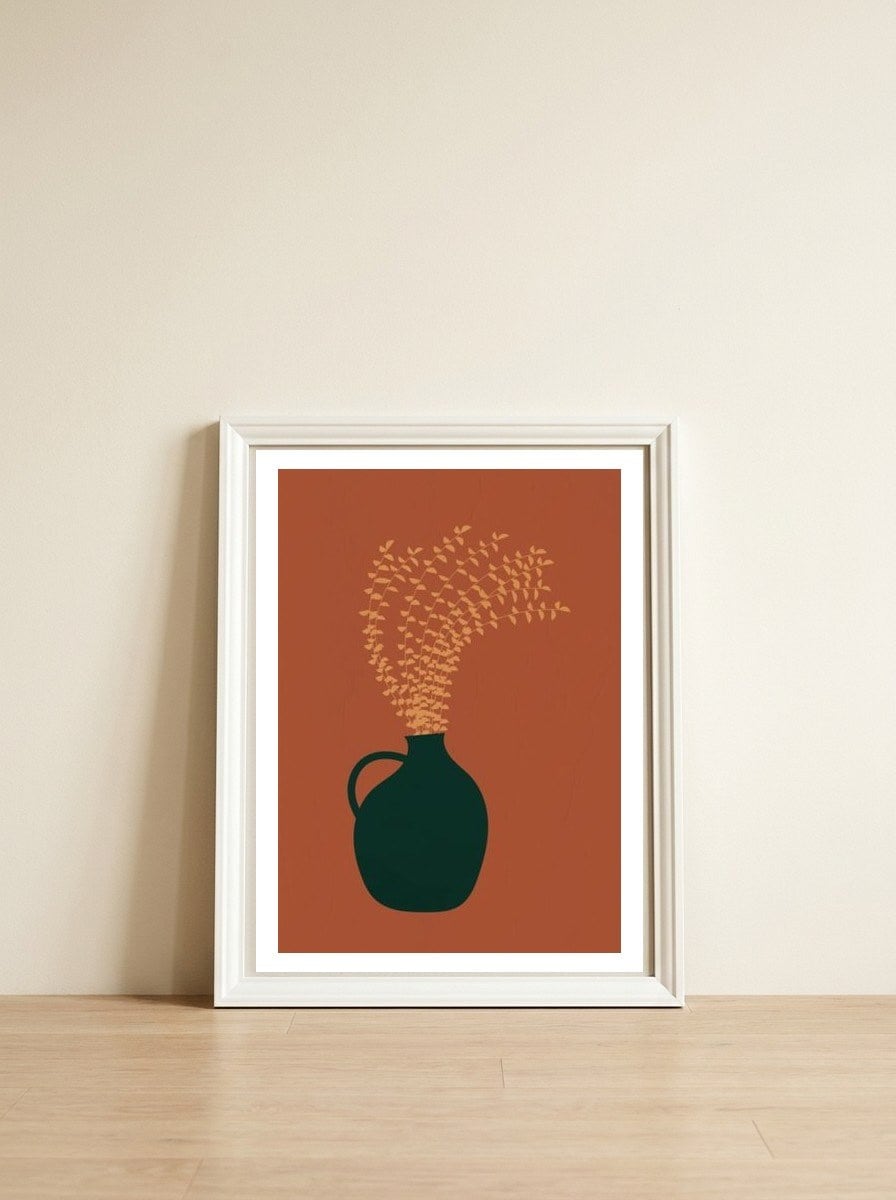 Terracotta Earth Tones Wall Decor Pottery Plant I — framed, leaning against the wall