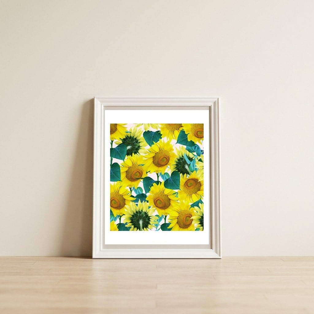 Sunflower — framed, leaning against the wall