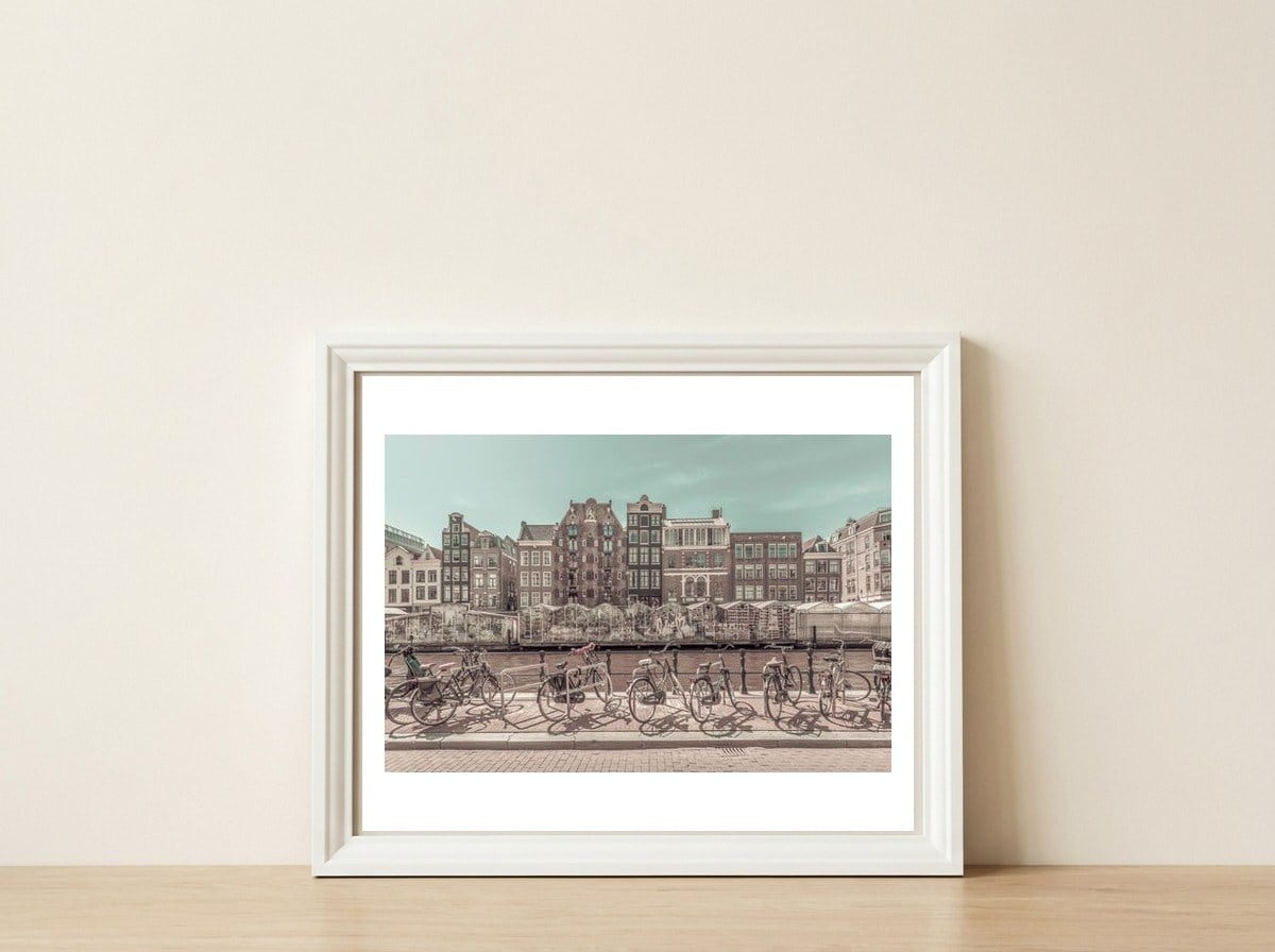 AMSTERDAM Singel Canal with Flower Market | urban vintage style — framed, leaning against the wall