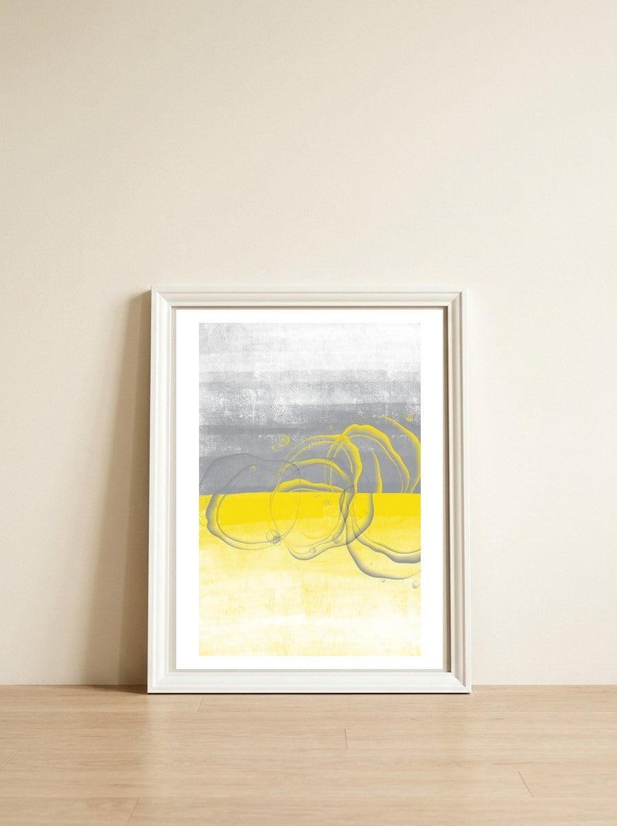 Abstract Painting No. 53 - Bubbles | Illuminating Yellow & Ultimate Grey — framed, leaning against the wall