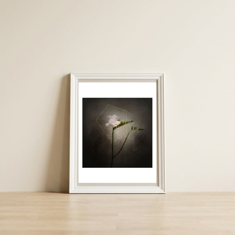 Graceful flower - Freesia | vintage style gold — framed, leaning against the wall