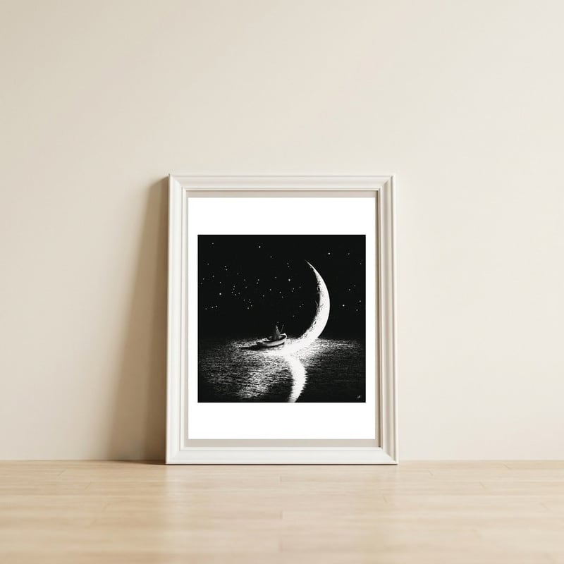 Arrival At Moonlight — framed, leaning against the wall